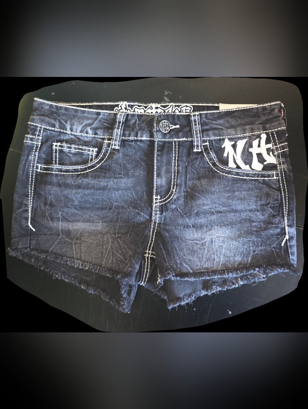 Black Distressed Denim Women's Shorts with White Stitching